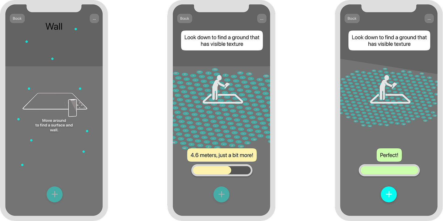 Three-step scanning flow: prompting the player to scan, charting progress, then unlocking the next step