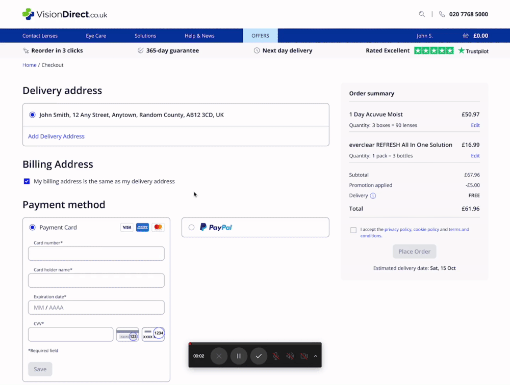 First-time checkout (UK) with card and PayPal